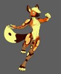absurd_res anthro big_snout big_tail canid canine fox hair hair_over_eye hi_res male mammal muscular nipples no_genitals paws pose raised_hand raised_leg simple_background slim solo tail tattoo villegreen yellow_body
