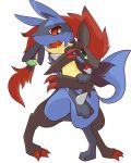  action_pose alpha_channel ambiguous_gender chest_spike claws cute_fangs duo fluffy hair happy hug lucario nintendo open_mouth paws pok&eacute;mon pok&eacute;mon_(species) pose shin_(artist) shoulder_tuft slit_pupils smile standing tears tongue tongue_out video_games zoroark 