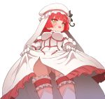  1girl breasts dress eyebrows_visible_through_hair female from_below gluteal_fold highres looking_at_viewer medium_breasts megido72 red_hair scar short_hair simple_background solo standing sumiyao_(amam) white_dress white_legwear yellow_eyes zepar 