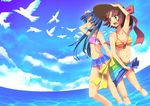  amami_haruka armpits bikini bird blue_hair bon_(moegomi) breasts brown_eyes brown_hair cleavage fisheye front-tie_top gradient_sarong green_eyes groin hand_on_headwear hand_up hat highres idolmaster idolmaster_(classic) kisaragi_chihaya long_hair medium_breasts multicolored multicolored_sarong multiple_girls navel open_mouth pleated_skirt sarong short_hair skirt smile swimsuit wading water 