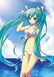  bad_id bad_pixiv_id bikini blue_eyes cloud day green_eyes hair_ribbon hand_behind_head hatsune_miku long_hair navel no_nose pf ribbon smile solo swimsuit twintails very_long_hair vocaloid 