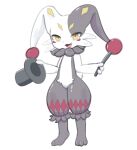 clothing dupin_(pal) fluffy fluffy_tail hat headgear headwear hi_res holding_clothing holding_hat holding_headgear holding_headwear holding_object jester lagomorph leporid magic_wand magician mammal neck_tuft netsumi39880 pal_(species) palworld pocketpair rabbit scut_tail short_tail solo standing tail top_hat tuft yellow_eyes