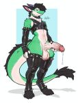 4_toes 5_fingers anthro armwear black_hair bodily_fluids botter_(artist) bracelet claws clothing crop_top dragon dripping feet fingers freckles fur furred_dragon furred_scalie genital_fluids genitals glistening glistening_clothing green_body green_fur hair hi_res jewelry latex latex_armwear latex_clothing latex_crop_top latex_legwear latex_shirt latex_stockings latex_thigh_highs latex_topwear legwear long_ears long_penis long_tail looking_at_viewer male mythological_creature mythological_scalie mythology nardoragon neck_tuft penis precum precum_drip purple_eyes scalie shirt solo spiked_bracelet spiked_clothing spiked_thigh_highs spikes standing stockings tail tan_body tan_fur thigh_highs toes topwear tuft vein veiny_penis