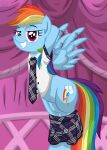absurd_res accessory bottomwear bottomwear_down cel_shading clothing collared_shirt colored cutie_mark digital_media_(artwork) equid equine eyelashes feathered_wings feathers female female_feral feral flying friendship_is_magic hair half-closed_eyes hasbro hi_res looking_at_viewer mammal multicolored_hair my_little_pony mythological_creature mythological_equine mythology narrowed_eyes navel necktie pegasus rainbow_dash_(mlp) rainbow_hair school_uniform shaded shirt skirt_down smile solo spread_wings suggestive teeth template93 topwear unbuttoned_shirt undressing_self uniform wings