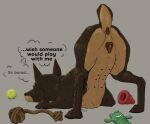 anatomically_correct animal_genitalia animal_vulva anus ass_up bored butt canid canine canine_genitalia canine_vulva canis casual_nudity domestic_dog english_text female feral furvilous genitals hi_res mammal nipples presenting raised_tail rear_view solo tail text thinking thought_bubble toy vulva