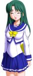  1girl 2000s_(style) :d ^_^ back_bow blue_sailor_collar blue_skirt blush bow bowtie breasts closed_eyes cowboy_shot game_asset glasses green_hair hayama_tsukasa_(en_ciel_rena) kourin_tenshi_en_ciel_rena large_variant_set long_hair long_sleeves lowres medium_breasts non-web_source official_art open_mouth pleated_skirt rimless_eyewear round_eyewear sailor_collar saitou_natsuki school_uniform self-datamine serafuku shirt simple_background skirt sleeve_cuffs smile solo standing tachi-e transparent_background variant_set yellow_bow yellow_bowtie 