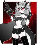 abstract_background absurd_res anthro biped bite biting_lip black_bottomwear black_clothing black_crop_top black_gloves black_handwear black_legwear black_shirt black_shorts black_thigh_highs black_topwear blush border bottomwear breasts canid canid_demon canine claws clothing collar colored crop_top demon eyebrow_through_hair eyebrows female finger_claws fingerless_gloves fingers front_view frown fur gesture gloves gothgator0 grey_body grey_fur grey_hair gun hair hand_gesture handwear hellaverse hellhound helluva_boss hi_res holding_gun holding_object holding_ranged_weapon holding_weapon humanoid_hands latex latex_clothing latex_legwear latex_thigh_highs legwear long_hair loona_(helluva_boss) mammal medium_breasts multicolored_body multicolored_fur mythological_canine mythological_creature mythology navel outline pose ranged_weapon red_sclera shaded shirt shorts solo spiked_collar spikes standing thigh_highs topwear torn_bottomwear torn_clothing torn_shorts torn_topwear translucent translucent_hair two_tone_body two_tone_fur v_sign weapon white_body white_border white_eyes white_fur white_outline