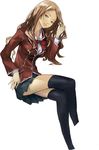  black_legwear bow brown_hair crossed_legs guilty_crown kuhouin_arisa long_hair long_sleeves miniskirt official_art pleated_skirt redjuice school_uniform sitting skirt solo thighhighs 