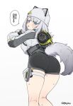  1girl animal_ear_headwear animal_hat arknights arknights:_endfield ass ass_focus bandaid bandaid_on_cheek bandaid_on_face black_bodysuit blue_eyes blunt_bangs bodysuit breasts cameltoe cat_hat cat_tail commentary_request crop_top crop_top_overhang estella_(arknights) feet_out_of_frame fingerless_gloves from_behind from_below gloves grey_gloves grey_hair grey_tail hat hat_with_ears highres kneepits looking_back medium_breasts medium_hair shrug_(clothing) simple_background solo speech_bubble spicy_moo sweat tail thigh_strap thighs translation_request white_background white_hat white_shrug 