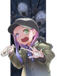  1girl @_@ baseball_cap black_hat black_jacket bottle brown_coat coat commentary_request furrowed_brow gradient_hair green_eyes hair_behind_ear hat heterochromia highres himemori_luna holding holding_bottle hololive hood hooded_jacket jacket jacket_under_coat long_hair long_sidelocks long_sleeves monster multicolored_hair open_mouth parody_request pink_hair purple_eyes purple_hair reference_request scared sidelocks small_sweatdrop solo tokkuri virtual_youtuber wavy_mouth yamasan_ossan 