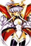  90s absurdres arms_up bracer breasts claret_(langrisser) closed_eyes highres langrisser langrisser_v large_breasts long_hair official_art simple_background solo thighhighs urushihara_satoshi white_background white_hair 