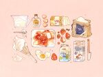  bottle butter cherry commentary cracking_egg cream drink_carton egg english_commentary flour food food_focus food_packaging fruit highres measuring_cup measuring_spoon milk_carton nao_(bestrollever) no_humans original pink_background simple_background strawberry whisk 