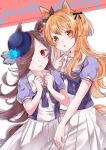  2girls absurdres animal_ears blue_flower blue_hat blue_rose blush bow bowtie breasts brown_hair brown_ribbon commentary_request ear_bow ear_ribbon flipped_hair flower hair_between_eyes hair_over_one_eye hat hat_flower highres horse_ears horse_girl horse_tail long_hair looking_at_viewer mayano_top_gun_(umamusume) multiple_girls open_mouth orange_eyes orange_hair orange_tail pleated_skirt puffy_short_sleeves puffy_sleeves purple_bow purple_bowtie purple_eyes purple_shirt ribbon rice_shower_(umamusume) rose sailor_collar sailor_shirt school_uniform shirt short_sleeves skirt small_breasts summer_uniform tail tilted_headwear tracen_school_uniform two_side_up umamusume white_sailor_collar white_skirt you_chi27 