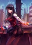  bad_id bad_pixiv_id black_hair blue_eyes cityscape fire gloves kara_no_kyoukai kokutou_azaka long_hair qin skirt solo 