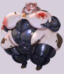 absurd_res anthro bell berta_(ruby_panda) bodily_fluids bovid bovine breast_milking cattle clothing collar female gag handwear hi_res lactating latex latex_clothing latex_handwear latex_legwear legwear makeup mammal nipple_covers overweight overweight_anthro overweight_female pasties ruby_panda_(artist) solo teats udders