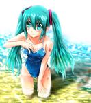  green_eyes green_hair hatsune_miku long_hair otoki_raku school_swimsuit solo submerged swimsuit twintails vocaloid water wet 
