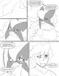 absurd_res anthro bodily_fluids clothing comforting_another comic crying dialogue duo facial_hair facial_scar female generation_9_pokemon hand_on_shoulder head_on_shoulder hi_res hug hugging_another human male mammal meowscarada nintendo pokemon pokemon_(species) scar shirt spicykiwi story tears text thomas_(spicykiwi) topwear tulip_(spicykiwi)