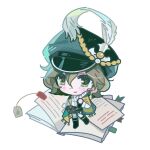  1girl beishang_ronghua_bingqilin black_boots black_shorts black_vest book boots brown_hair cape chibi chinese_commentary commentary_request full_body green_cape green_eyes green_hat hat hat_feather highres holding holding_quill looking_at_viewer mole mole_under_eye newsboy_cap open_book pantyhose quill recoleta_(reverse:1999) reverse:1999 shirt short_hair shorts smile solo vest white_background white_pantyhose white_shirt 
