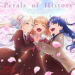  3girls :d ^_^ absurdres ahoge album_cover blonde_hair blue_hair blue_ribbon blue_sky blurry blurry_foreground brown_cardigan brown_dress cardigan cherry_blossoms closed_eyes commentary_request copyright_logo cover cowboy_shot day dress english_text facing_viewer falling_petals flower gradient_hair grin hair_flower hair_ornament hair_ribbon half_updo hasu_no_sanrenka hasu_no_sora_school_uniform highres hinoshita_kaho holding_hands logo long_hair long_sleeves love_live! love_live!_hasu_no_sora_jogakuin_school_idol_club love_live!_hasu_no_sora_jogakuin_school_idol_club_bloom_garden_party medium_dress medium_hair multicolored_hair multiple_girls murano_sayaka neckerchief official_art open_cardigan open_clothes open_mouth orange_hair osawa_rurino petals pink_flower pink_petals pleated_dress rabbit_hair_ornament red_neckerchief red_ribbon ribbon sailor_collar sailor_dress school_uniform sky smile teeth twintails two_side_up upper_teeth_only white_sailor_collar winter_uniform 
