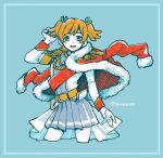  1girl :d adjusting_hair aiguillette alternate_skin_color badge belt belt_buckle blonde_hair blue_background blush buckle colored_eyebrows colored_skin contrapposto cowboy_shot cropped_legs crosshatching curled_fingers daiba_nana dot_nose epaulettes fur-trimmed_jacket fur_trim green_eyes green_ribbon grey_jacket grey_skirt hair_ribbon hand_up hatching_(texture) highres inset_border jacket jacket_on_shoulders long_sleeves looking_at_viewer matsugi_zuntaro multicolored_jacket open_mouth pleated_skirt red_jacket red_sash ribbon sash short_hair shoujo_kageki_revue_starlight shoulder_sash simple_background single_horizontal_stripe skirt smile solo standing star_(symbol) striped_clothes striped_skirt twitter_username two-tone_jacket two_side_up waist_cape white_jacket white_skin yellow_belt yellow_trim 