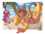 4_fingers anthro beach bikini border bottomwear breasts brown_body brown_fur brown_hair brown_tail butt chest_tuft cleavage clothed clothing cloud dinosaur domestic_cat eyebrow_through_hair eyebrows eyewear eyewear_on_head felid feline felis female female_focus fingers fur gameoverse glitch_productions gobbles_(gameoverse) goggles goggles_on_head group hair hi_res kaboodle_(gameoverse) kit_bodega looking_at_viewer lying machine magenta_body male mammal mechanical_arm mechanical_leg mi3kka nimble_(gameoverse) on_front outside palm_tree plant prehistoric_species reptile robot sand scalie sea sky smile swimwear tail thick_thighs tight_clothing translucent translucent_hair tree tuft two-piece_swimsuit water whiskers yellow_clothing