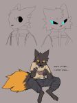 4_fingers ambiguous_gender anthro barleys_shield belt belt_buckle black_sclera blue_pupils bottomwear bowl buckle casualties:_unknown cheek_tuft clothing container cutlery denim denim_bottomwear denim_clothing dialogue digitigrade dipstick_tail expie_(gunsawian) facial_scar facial_tuft fingers food gunsawian head_tuft hi_res jeans jumpsuit kitchen_utensils markings milky_(gunsawian) orange_sclera pants pupils scar shirt sitting soup spoon t-shirt tail tail_markings tools topwear tuft