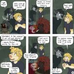 1:1 6_panel_comic anthro black_body black_hair black_sclera blonde_hair blue_eyes border_collie bottle bottomwear brown_eyes canid canine canis cheek_tuft cigarette cigarette_in_mouth clothed clothing collie comic container determined dialogue domestic_dog drugs english_text eye_contact facial_tuft fur grey_body grey_fur group hair hand_on_shoulder herding_dog hi_res holding_bag husky hybrid incredulous inside jeremy_(kriek_wildebeest) kriek_wildebeest looking_at_another male mammal marijuana marijuana_blunt multiple_scenes name_in_dialogue nervous nervous_smile nordic_sled_dog object_in_mouth one_ear_up page_number pants pastoral_dog portuguese_water_dog ravi_(kriek_wildebeest) red_hair serious sheepdog shirt shocked smoking smoking_cigarette speech_bubble spitz sweater t-shirt text tom_(kriek_wildebeest) topwear trio tuft wolf yellow_body yellow_eyes yellow_fur