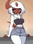 3:4 absol absurd_res anthro bottomwear claws clothing female fur generation_3_pokemon hi_res horn nintendo pokemon pokemon_(species) skirt solo standing t-kila tail white_body white_fur