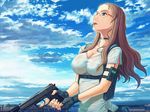  blue_eyes breasts brown_hair choker cigarette cityscape cleavage cloud day digital_media_player fingerless_gloves glasses gloves gun h&amp;k_usp handgun heckler_&amp;_koch highres holding holding_gun holding_weapon holster itou_(onsoku_tassha) large_breasts long_hair no_bra original pistol red-framed_eyewear rooftop see-through shirt shoulder_holster sky solo suppressor trigger_discipline weapon wet wet_clothes wet_shirt 