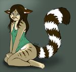  bottomless cacomistle clothed clothing cute erect_nipples female half-dressed heterochromia kneeling looking_at_viewer mammal nipples ringtail solo tee whiskers 