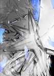  1boy aiming aiming_at_viewer bankai bleach bleach:_sennen_kessen-hen blue_eyes haori highres hitsugaya_toushirou hitsugaya_toushirou_(adult) ice japanese_clothes male_focus monster_art_(rlawnsgr7) pointing_melee_weapon pointing_sword shihakusho solo taichou_haori tsuba_(guard) wandenreich_uniform zanpakutou 