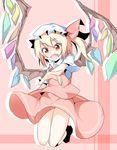  blonde_hair fang flandre_scarlet hakobako hat open_mouth outstretched_arm red_eyes short_hair side_ponytail skirt skirt_set solo touhou wide-eyed wings 