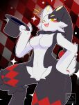 absurd_res anthro black_body black_fur blush breasts clothing crotch_tuft dupin_(pal) eyelashes featureless_breasts female fur hat headgear headwear hi_res jester lagomorph leporid looking_at_viewer mammal markings multicolored_body nikowari_(artist) open_mouth open_smile pal_(species) palmorph palworld pocketpair rabbit red_markings short_tail smile solo tail teeth thick_thighs top_hat tuft white_body white_fur yellow_eyes yellow_markings