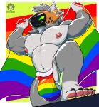 absurd_res anthro arms_above_head balls bulge canid canine canis detailed_bulge fur genitals grey_body grey_fur hi_res khayen lgbt_pride lgbt_pride_month machine male mammal muscular muscular_male penis pride_colors protogen rainbow_flag rainbow_jockstrap rainbow_pride_flag rainbow_symbol shirtless_male solo standing toomuchbutters wolf