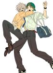  2boys arm_around_another's_waist arms_around_neck backwards_hat baseball_cap belt blue_necktie commentary cross_scar full_body green_hair hat highres jacket kanzaki_kaoru male_focus multiple_boys necktie pants phantom_busters roadpooo scar scar_across_eye scar_on_face shirt short_hair sleeves_rolled_up surprised tamon_kotarou untranslatable_commentary white_shirt yellow_jacket 