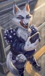 absurd_res alternative_fashion anthro canid canine canis clothed clothing female glare glaring glaring_at_viewer hi_res jacket leather leather_clothing leather_jacket leather_topwear licking_teeth looking_at_viewer mammal monduck punk renira solo tail topwear wolf