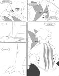 absurd_res anthro back_scar bed bedroom bodily_fluids body_hair chest_hair clothing comic cuddling dialogue duo english_text face_on_chest female furniture generation_9_pokemon genital_fluids grope hair hi_res hug hugging_another human human_on_anthro interspecies love male mammal meowscarada nintendo pecs pokemon pokemon_(species) romantic scar shirt spicykiwi story text thomas_(spicykiwi) topwear tulip_(spicykiwi) undressing undressing_another