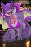 2:3 anthro bikini breasts capcom chameleos clothing elder_dragon female hi_res horn monster_hunter mythological_creature mythological_scalie mythology purple_body scales scalie smile swimwear text tongue tongue_out two-piece_swimsuit wings wonderin_dragon