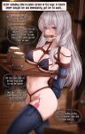  1girl absurdres alcohol bare_shoulders bdsm beer beer_mug bikini bikini_top_only blue_bikini blue_eyes blue_thighhighs blush bound bound_arms bound_torso breasts commentary cup elaina_(majo_no_tabitabi) english_commentary english_text gagged grey_hair hair_between_eyes highres indoors long_hair looking_at_viewer majo_no_tabitabi medium_breasts mug myeu navel no_panties nude serving_tray_(bdsm) sex_toy shibari solo stomach sweat swimsuit teeth thighhighs triangle_bikini_top very_long_hair vibrator 