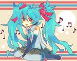  bow detached_sleeves hair_bow hatsune_miku headset long_hair musical_note open_mouth roku_roku_(greentea66) sitting skirt solo tattoo thighhighs twintails very_long_hair vocaloid wariza 