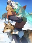  1boy absurdres android animal armor blonde_hair blue_eyes blue_sky clear_sky commentary_request cowboy_shot day forehead_jewel helmet highres holding holding_sword holding_weapon long_hair male_focus mega_man_(series) mega_man_zero_(series) omochi_(mochi_skymega) outdoors red_armor red_helmet sky snow solo sword weapon wolf z_saber zero(z)_(mega_man) zero_(mega_man) 