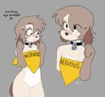 ambiguous_gender anthro band-aid band-aid_on_face band-aid_on_nose bandage bandage_on_face bandage_on_nose belly bodily_fluids canid canine canis clothing cloud_teeth collar collarbone english_text eye_through_hair fan_character featureless_crotch floppy_ears freckles hair legwear looking_away mammal meme multicolored_body navel nervous no_genitals shy signature solo sweat sweatdrop tail tan_body text thigh_highs topwear translucent translucent_hair