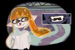  1girl commentary dancho_no_mori fangs finger_in_own_mouth grin highres inkling inkling_girl inkling_player_character long_hair looking_to_the_side no_i'm_not_a_human open_mouth orange_eyes orange_hair pointy_ears shirt short_sleeves smile splatoon_(series) t-shirt tentacle_hair white_shirt 