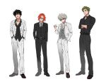  4boys bangs_pinned_back belt belt_buckle black_hair black_jacket black_shirt buckle cross_scar crossed_arms english_commentary full_body glasses green_hair grey_hair hands_in_pockets jacket jewelry kanzaki_kaoru korekishi_eugene male_focus multiple_boys necklace necktie orange_hair pants phantom_busters roadpooo scar scar_across_eye scar_on_face shirt shishikuno_mogari short_hair standing suit_jacket tamon_kotarou vest white_background white_jacket white_shirt 