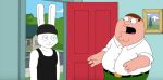 anthro beanie blue_eyes clothing door duo family_guy hat headgear headwear human humanoid inside lagomorph leporid male male/male mammal obese overweight peter_griffin photo picture_frame plant rabbit rabbit_ears self_insert shirt surprised tank_top topwear tree villegreen window