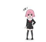  1girl black_dress black_shoes black_thighhighs breasts chaos;child commentary_request cropped_jacket deformed dress english_text full_body hair_between_eyes hand_on_own_hip hekiho_academy_school_uniform highres onoe_serika open_mouth otsukanolich pink_eyes pink_hair sailor_collar school_uniform science_adventure shoes short_dress short_hair_with_long_locks simple_background small_breasts smile solo standing thighhighs tongue white_sailor_collar white_trim 