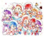  +_+ 6+girls :p apron aqua_boots arisugawa_himari beret blonde_hair blue_boots blue_dress blue_eyes blue_hair blue_ribbon boots braid buttons cake cake_slice chibi chibi_only closed_eyes commentary_request creature cup donut double-breasted dress earrings eating flower food green_eyes hat hayashi_(kanzume) heart heart_earrings highres holding holding_cup jewelry julio_(precure) kenjou_akira kirahoshi_ciel kirakira_precure_a_la_mode kirarin_(precure) kotozume_yukari long_hair low_twintails macaron multiple_girls open_mouth orange_hair parted_bangs pekorin_(precure) pink_boots pink_ribbon precure pudding purple_boots purple_eyes purple_hair purple_ribbon red_boots red_eyes red_hair red_ribbon ribbon short_hair short_sleeves sitting star_(symbol) tail tategami_aoi teapot thick_eyebrows tongue tongue_out twin_braids twintails usami_ichika very_short_hair whipped_cream white_apron yellow_ribbon 