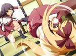  black_legwear blonde_hair bow brown_eyes dutch_angle funami_yui hair_bow highres long_hair multiple_girls nanamori_school_uniform no_shoes one_knee purple_hair school_uniform serafuku short_hair socks spinning tatami toshinou_kyouko umakatsuhai yuru_yuri 