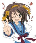  bad_id bad_pixiv_id brown_eyes brown_hair core_(mayomayo) face foreshortening hair_ribbon hairband hands kita_high_school_uniform one_eye_closed orange_hairband ribbon school_uniform serafuku short_hair sketch solo suzumiya_haruhi suzumiya_haruhi_no_yuuutsu v 