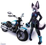 abs anthro armor big_ears blue_genitals blush breasts canid canine casper_(sodaduv) clothing digitigrade female fennec_fox footwear fox fur genitals glowing glowing_genitalia glowing_nipples headgear helmet hi_res high_heels latex latex_clothing latex_skinsuit mammal motorcycle motorcycle_helmet nipples onesie paws shoes skinsuit small_breasts sodaduv solo tight_clothing true_fox vehicle vulva white_body white_fur zipper